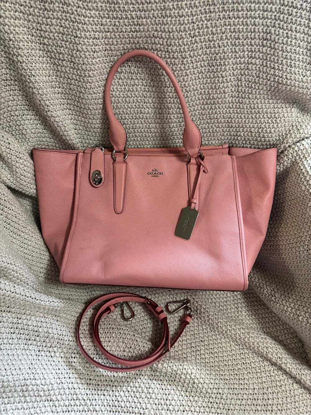 Coach Pink Leather Pebbled Tote with Removable Strap